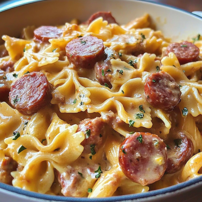 A bowl of pasta with sausage and cheese, possibly a spaghetti carbonara dish.