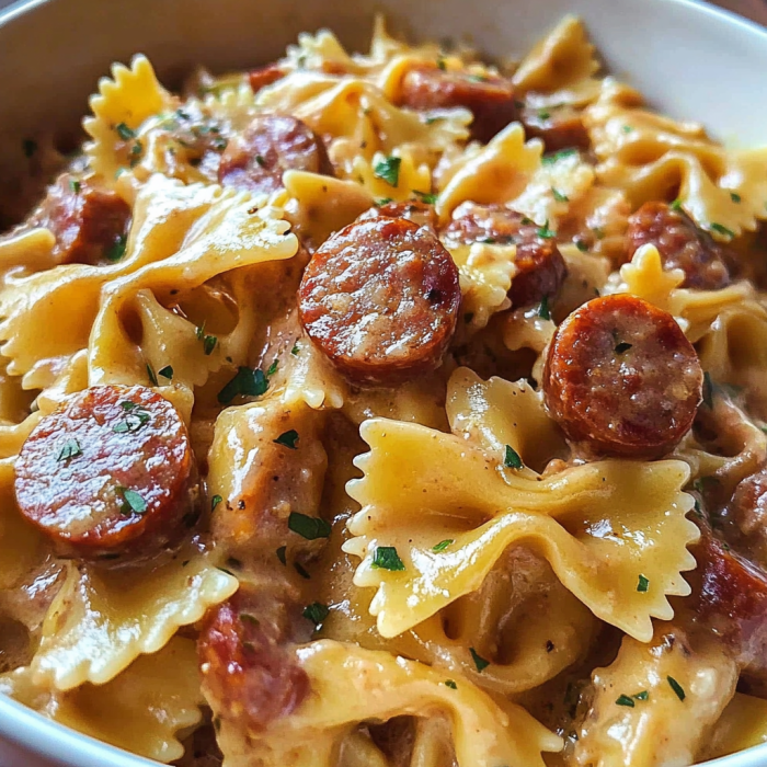 A bowl of pasta with sausage and cheese, possibly a dish called "Sausage and Cheese Pasta Bake.