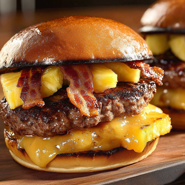 A close-up of a delicious hamburger with pineapple and bacon, served on a wooden table.