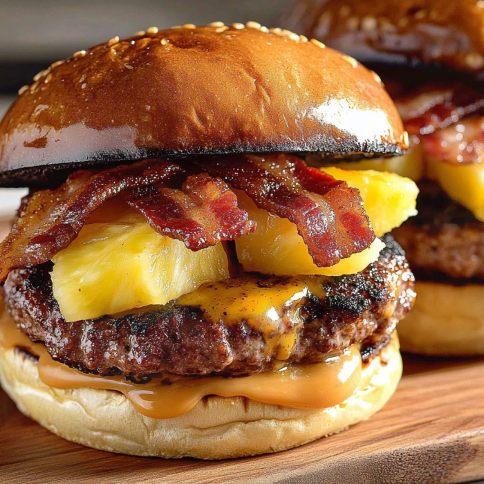 A close up of a hamburger with bacon and pineapple on a wooden table.