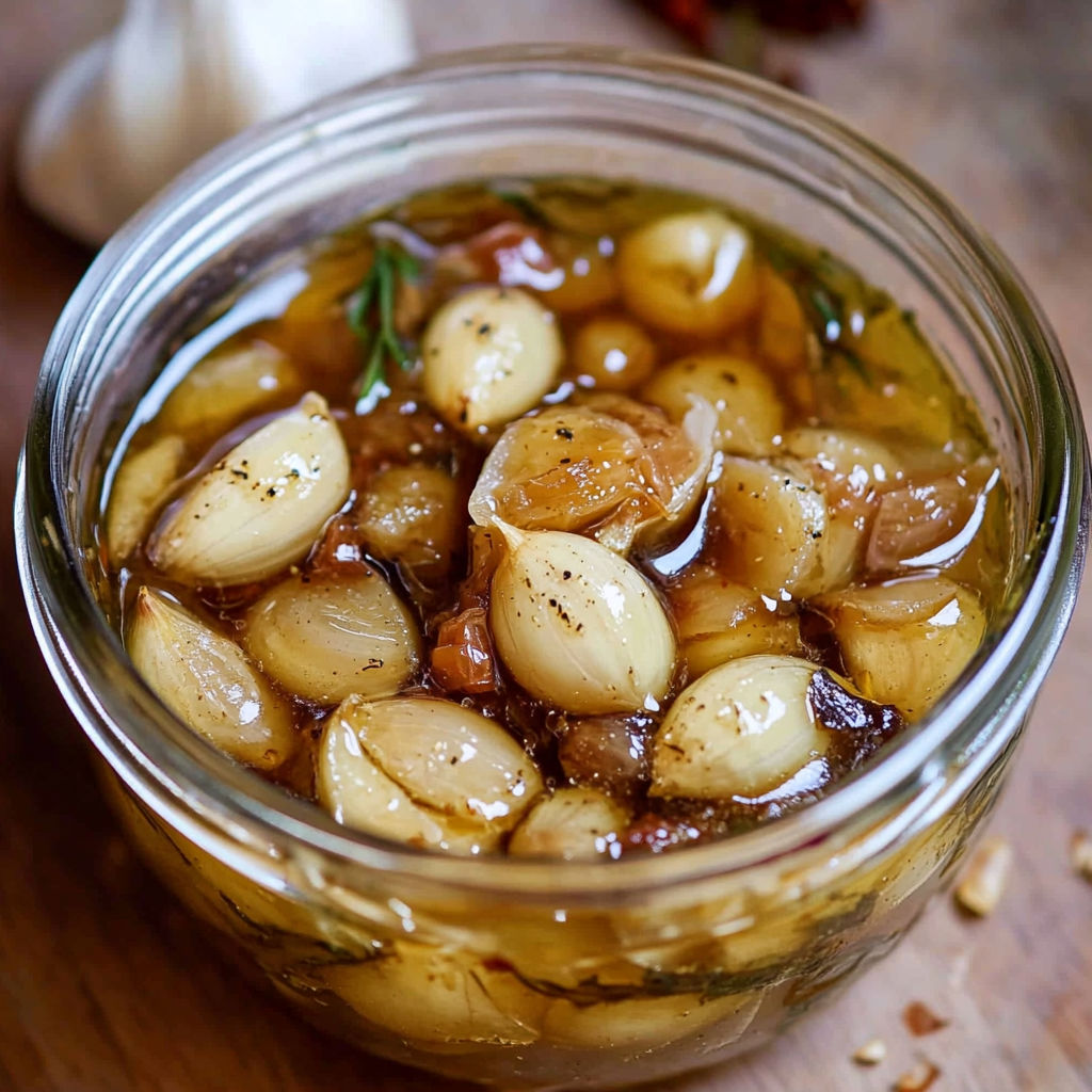 A jar of garlic and onions is displayed on a table.