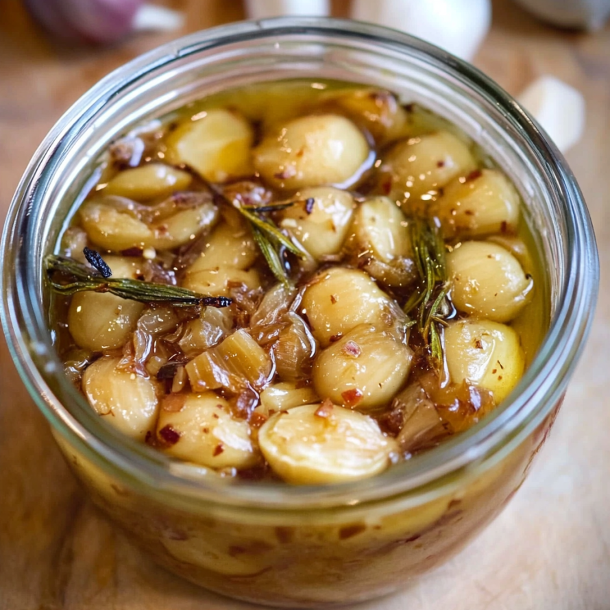 A jar of pickled vegetables, including onions, garlic, and lemon, sits on a wooden table.