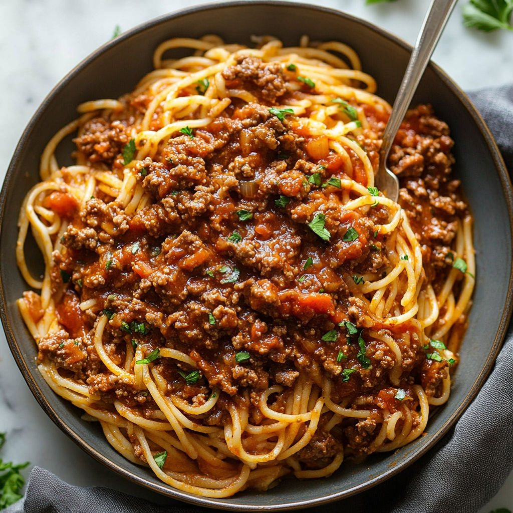 A bowl of spaghetti with meat sauce, garnished with green herbs.