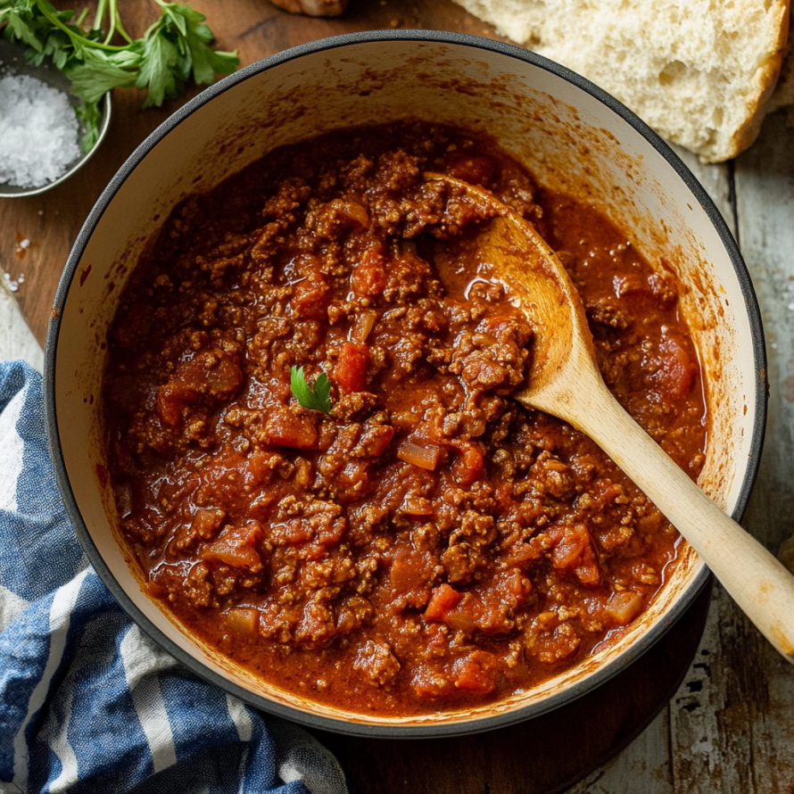A bowl of chili with a spoon in it, placed on a wooden table.