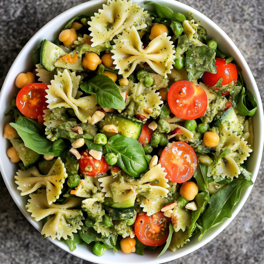 A bowl of pasta salad with tomatoes, cucumbers, and spinach.