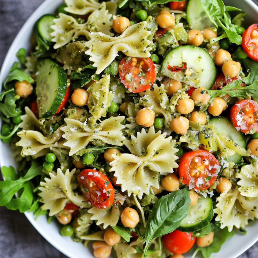 A bowl of pasta salad with tomatoes, cucumbers, and chickpeas.