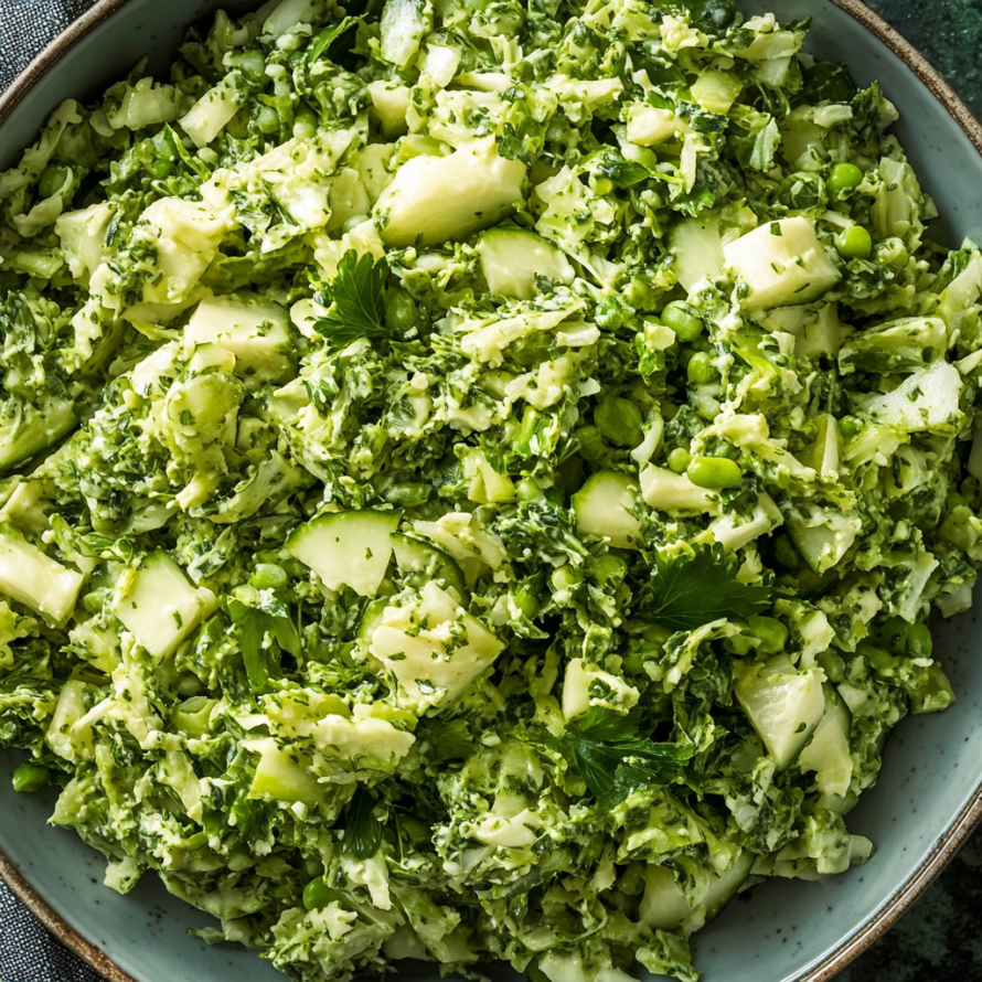 A bowl filled with a green salad, including cucumbers, peppers, and greens, is ready to be served.