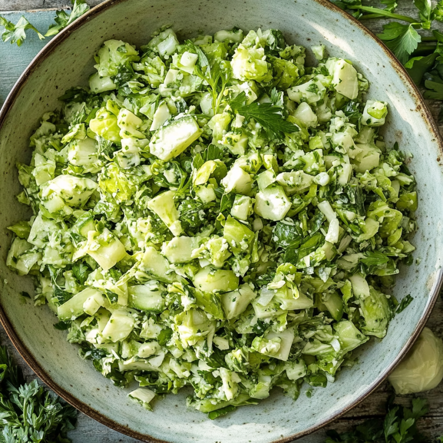 A bowl filled with a green vegetable salad, including cucumbers and lettuce, sits on a table.