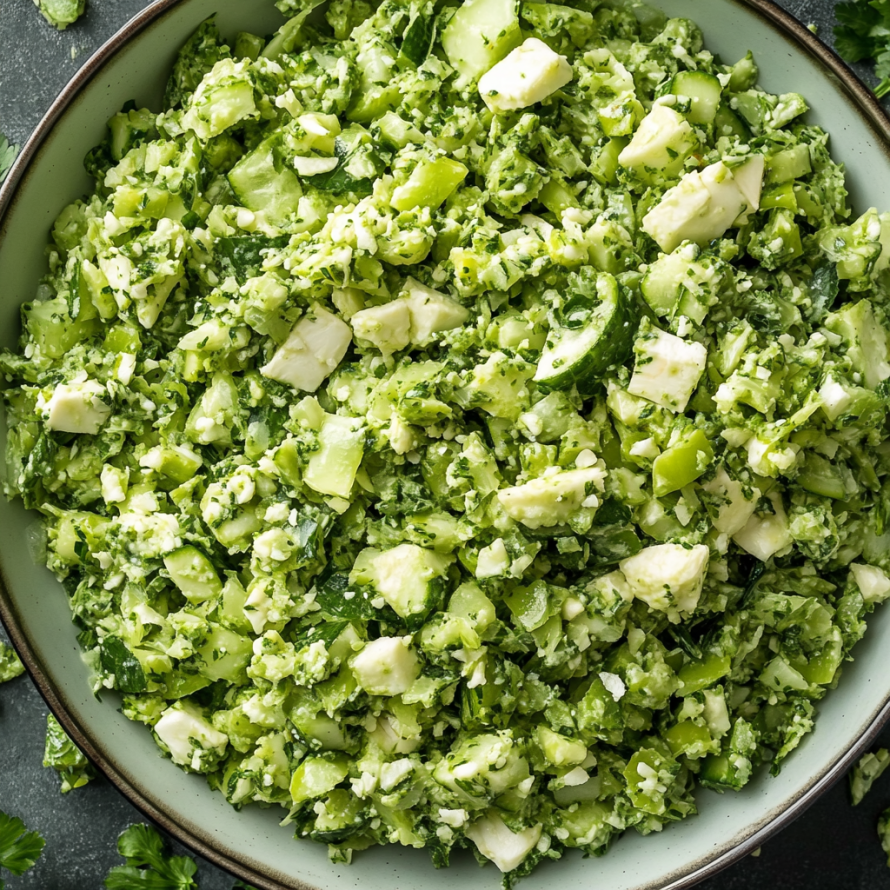 A bowl of green vegetable salad with cucumbers, cheese, and herbs.