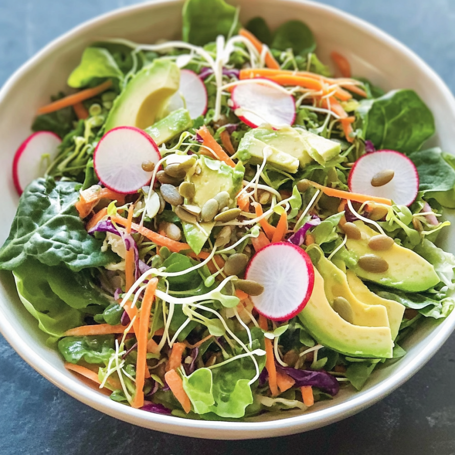 A bowl of California Chef's Salad, featuring a mix of vegetables and seeds, is displayed on a table.
