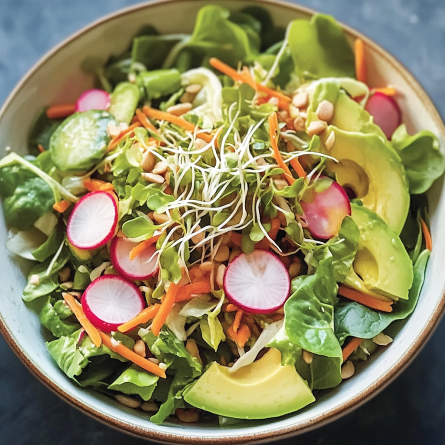 A bowl of salad with a variety of vegetables, including carrots, lettuce, and avocado, topped with a sprig of cilantro.
