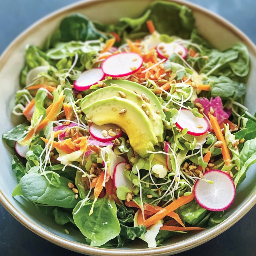 A bowl of salad with a variety of vegetables, including carrots and lettuce, and topped with a sprinkle of sesame seeds.