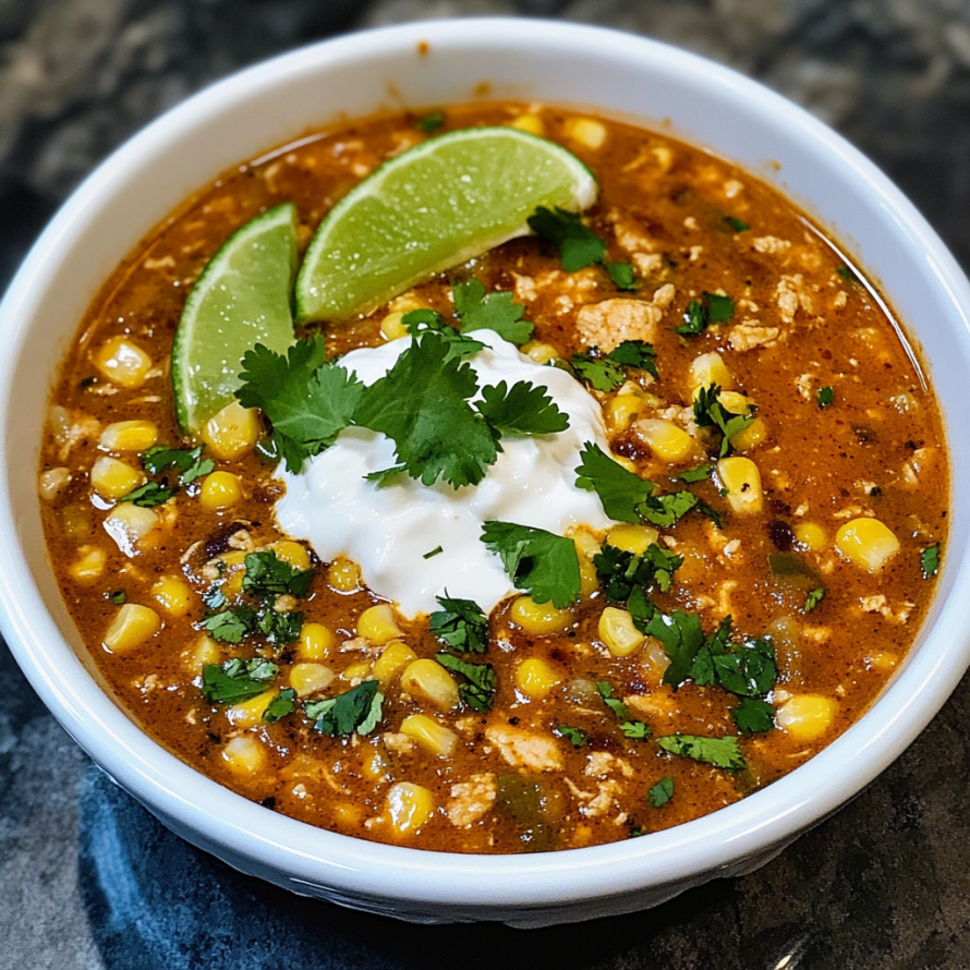 A white bowl filled with a delicious chili recipe, featuring corn and chicken, is ready to be enjoyed.