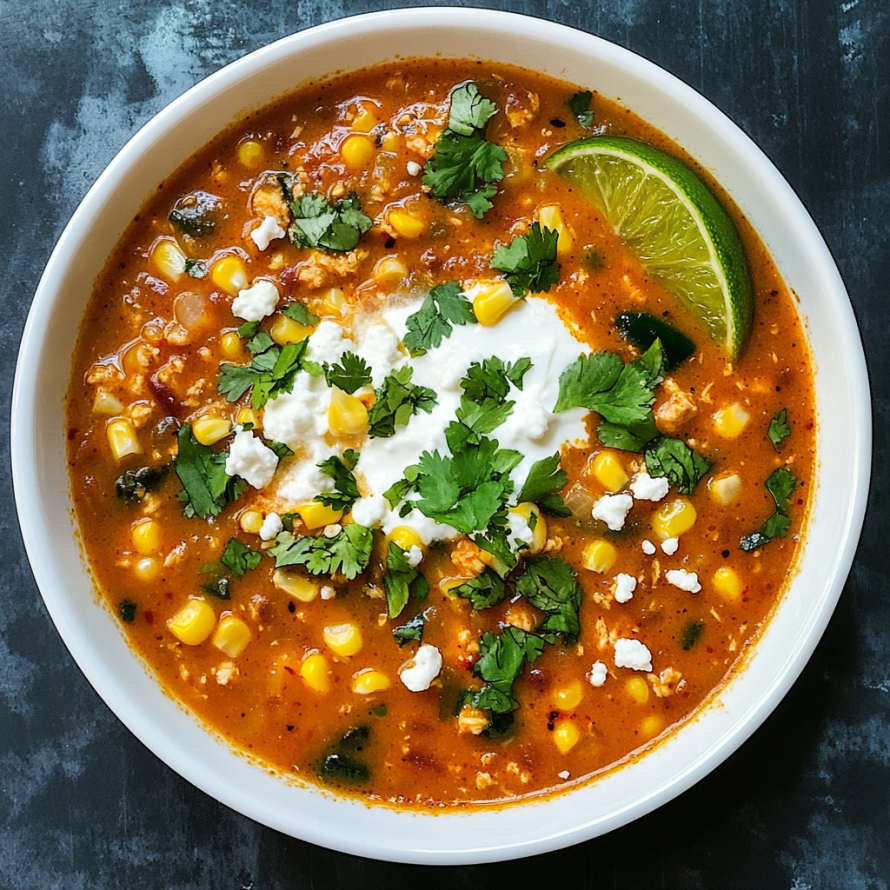 A bowl of soup with corn, lime, and cilantro, topped with sour cream.