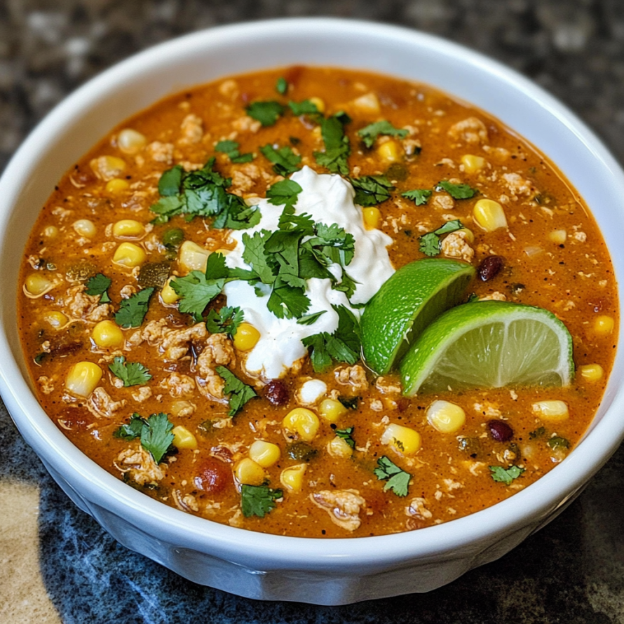 A bowl of chili with a lime wedge on top.
