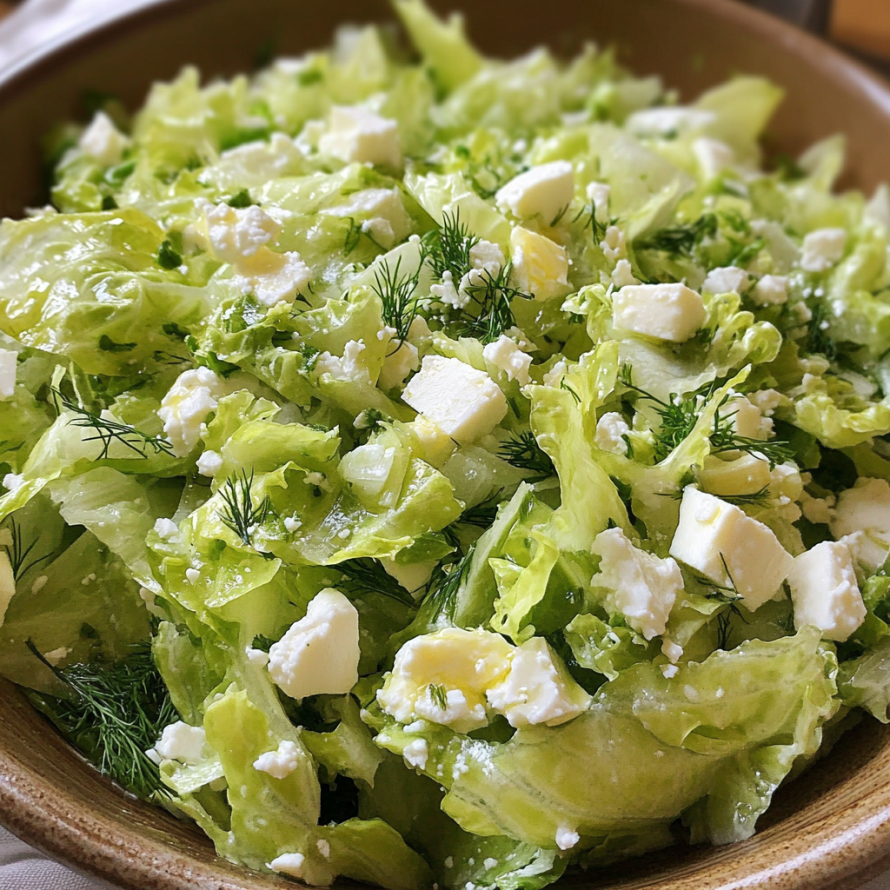 A bowl of fresh salad with feta cheese and lettuce.