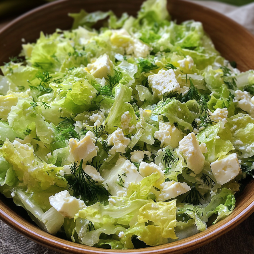 A bowl of salad with feta cheese, lettuce, and other vegetables.