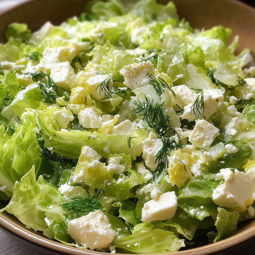 A bowl of salad with feta cheese and lettuce.