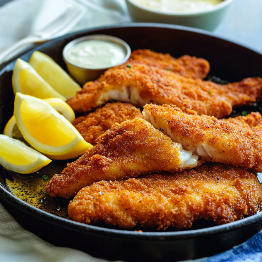 A plate of fried fish with lemon wedges on the side.