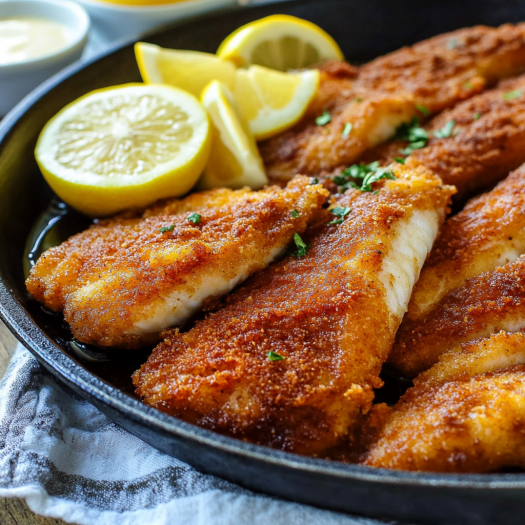 A pan of breaded fish with lemon wedges on top, served with a side of lemon wedges and a bowl of sauce.