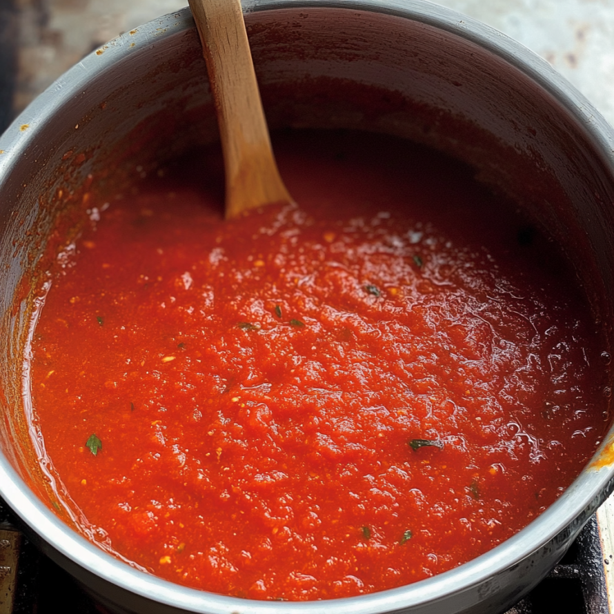 A wooden spoon is stirring a pot of marinara sauce.