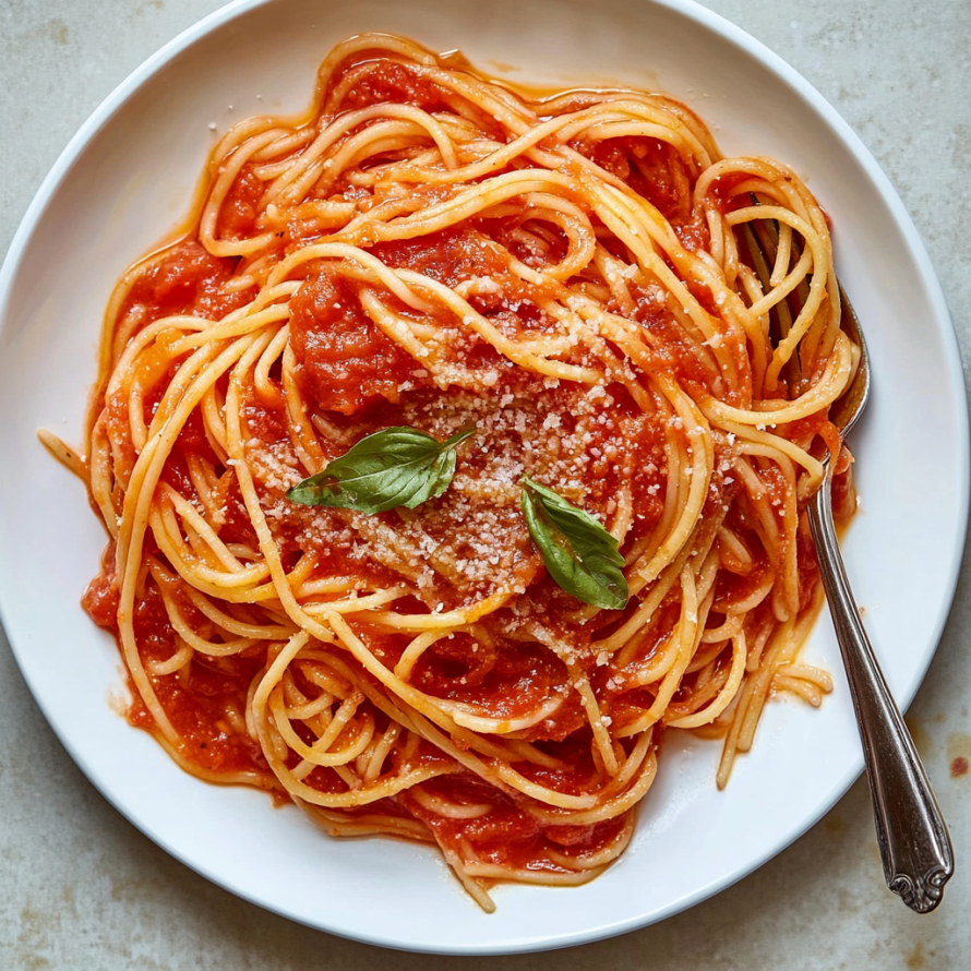 A plate of spaghetti with tomato sauce and herbs on top.