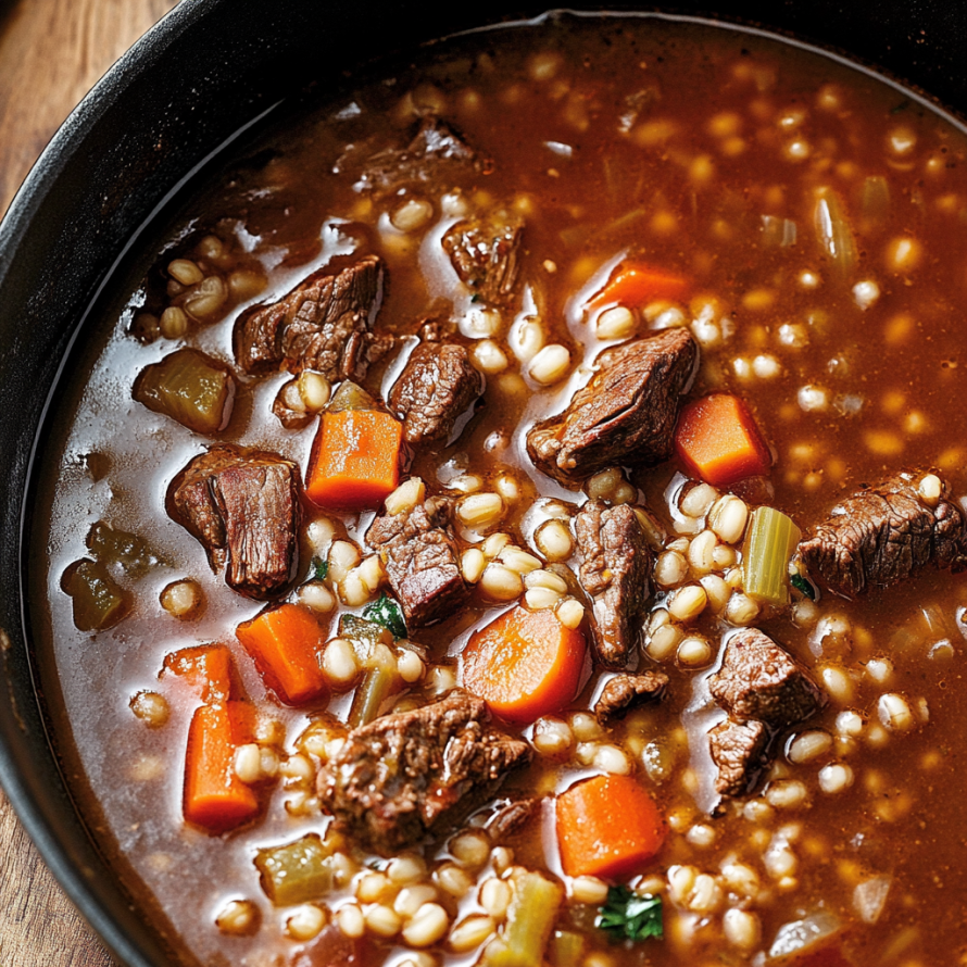 A bowl of beef and barley soup with a variety of vegetables and meat.