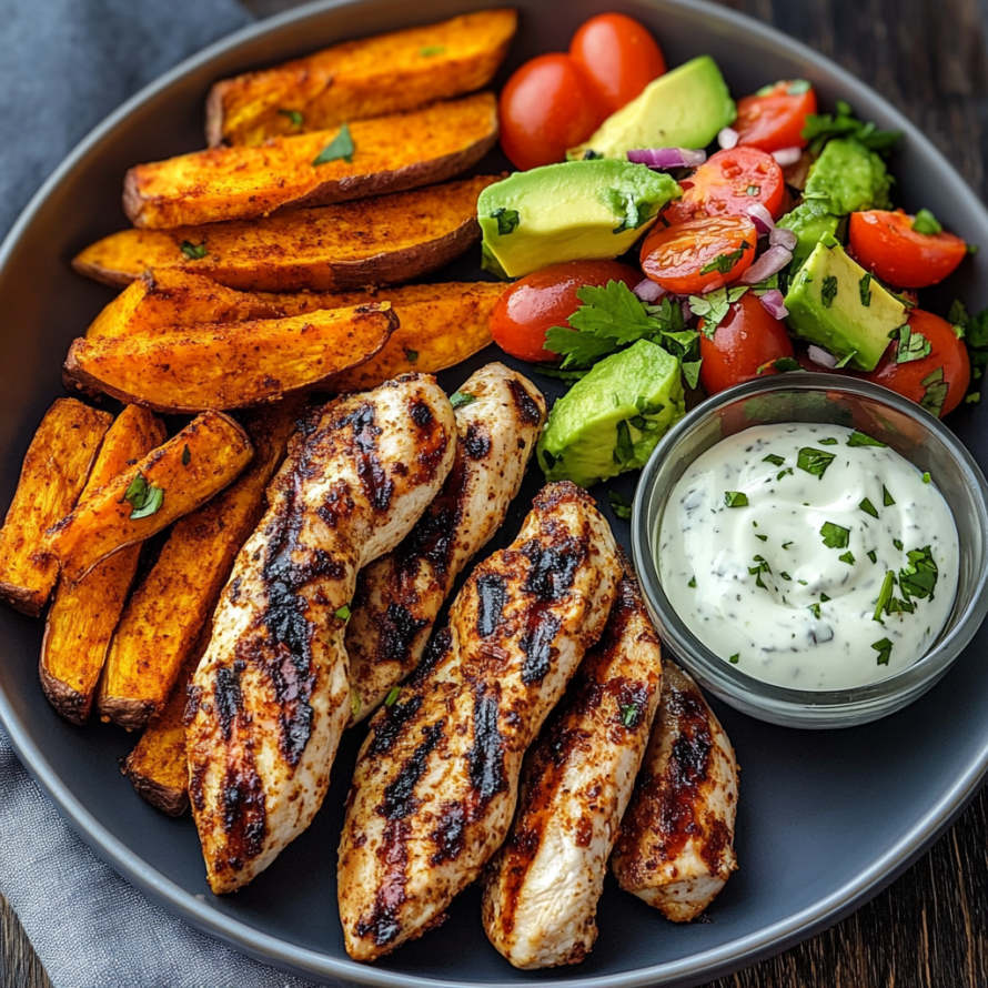 A plate of food with chicken, avocado, tomatoes, and a dip.