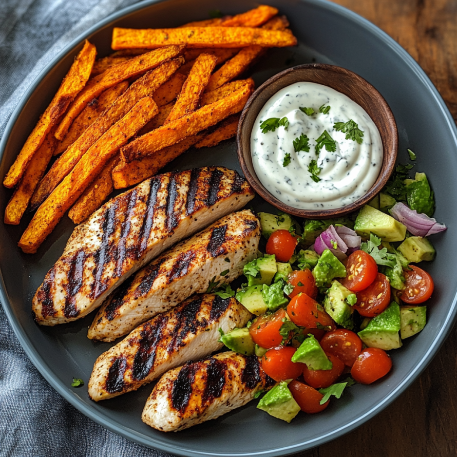 A plate of grilled chicken with a side of avocado and tomato salad.