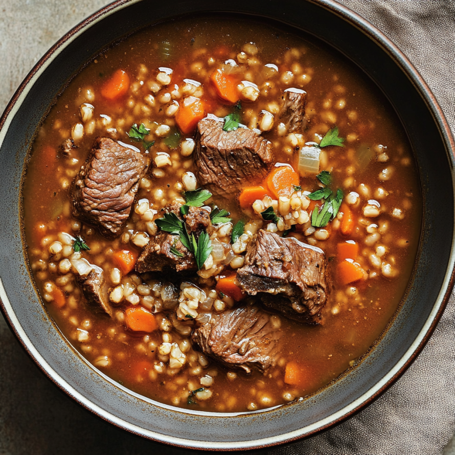 A bowl of beef and barley soup with a variety of vegetables, including carrots and onions, and a sprig of parsley.
