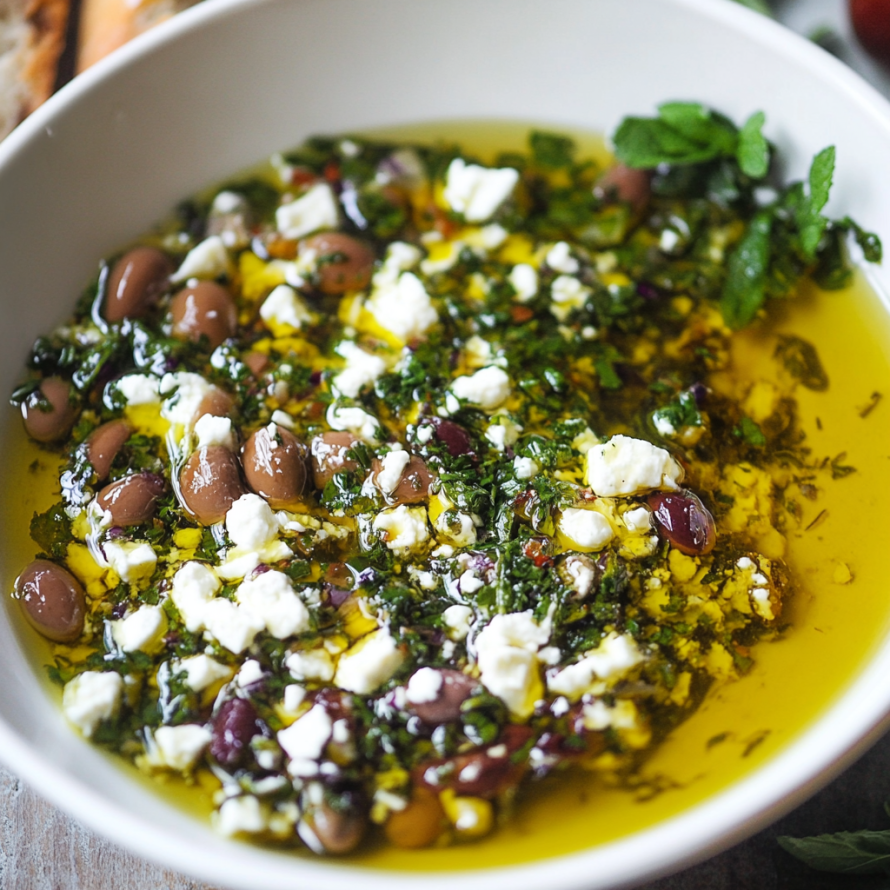 A white bowl filled with a Greek-inspired bread dipping oil, containing olives, cheese, and herbs.