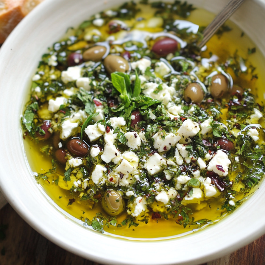A bowl of Greek salad with olives, feta cheese, and herbs.