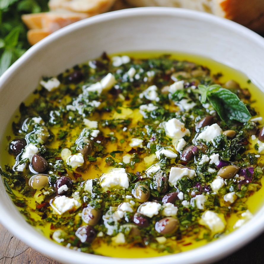 A bowl of Greek yogurt with herbs and olives, served with a piece of bread.