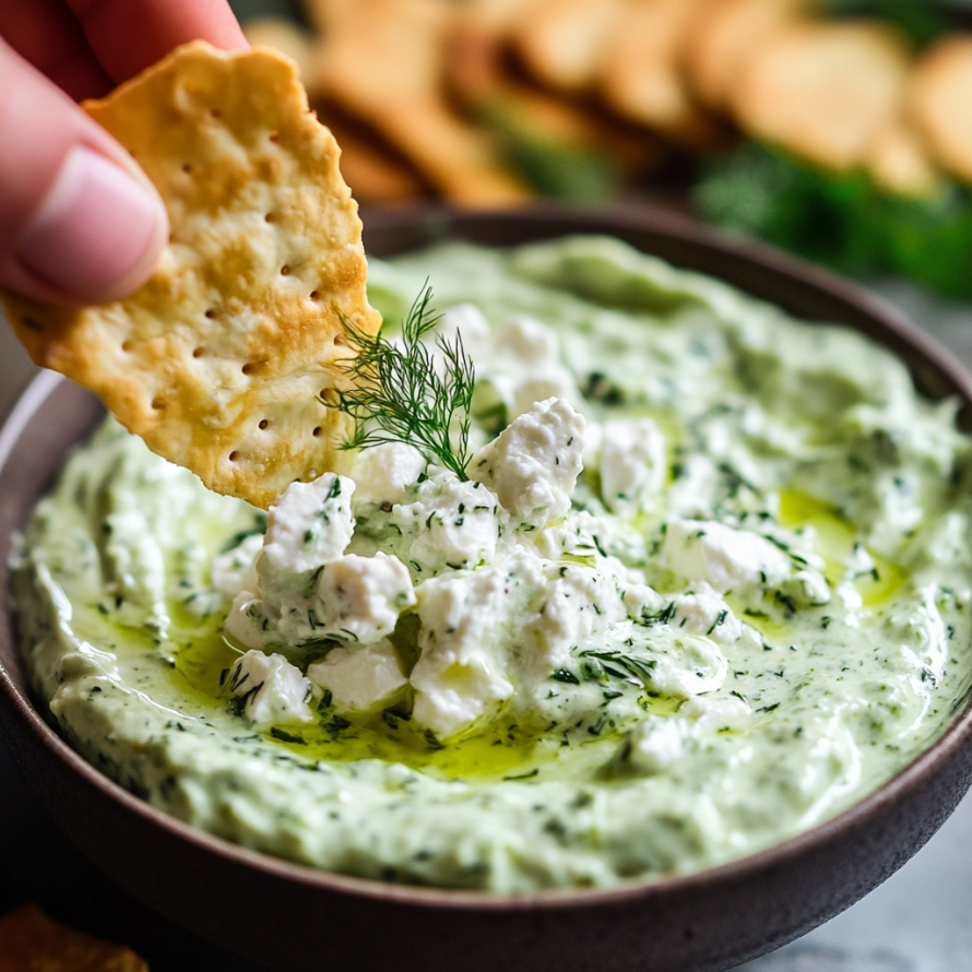 A person is dipping a tortilla chip into a bowl of Green Goddess Whipped Feta Dip.