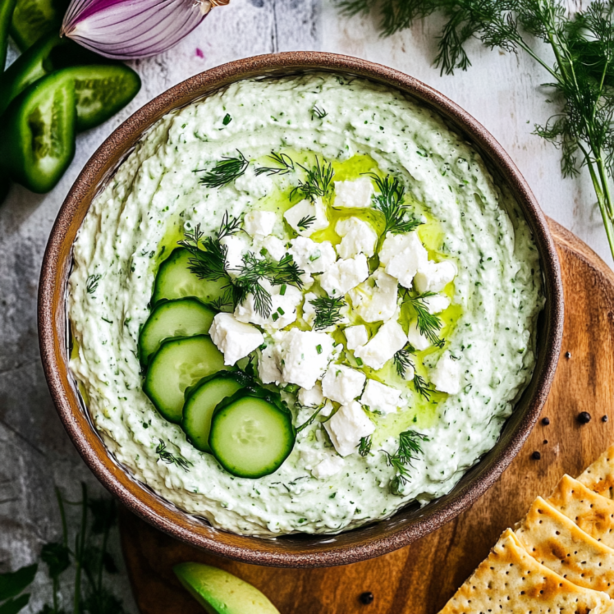 A bowl of cucumber dip with a spoon and a pile of crackers on a table.