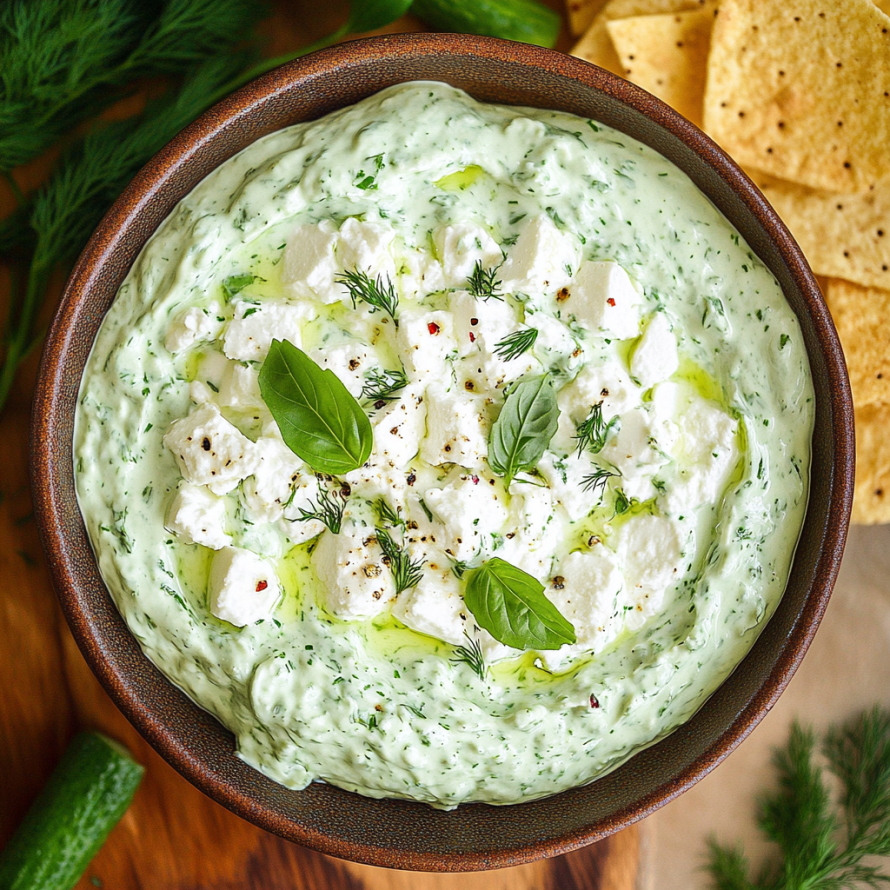 A bowl of dip with a green topping, possibly pesto, and a side of chips.