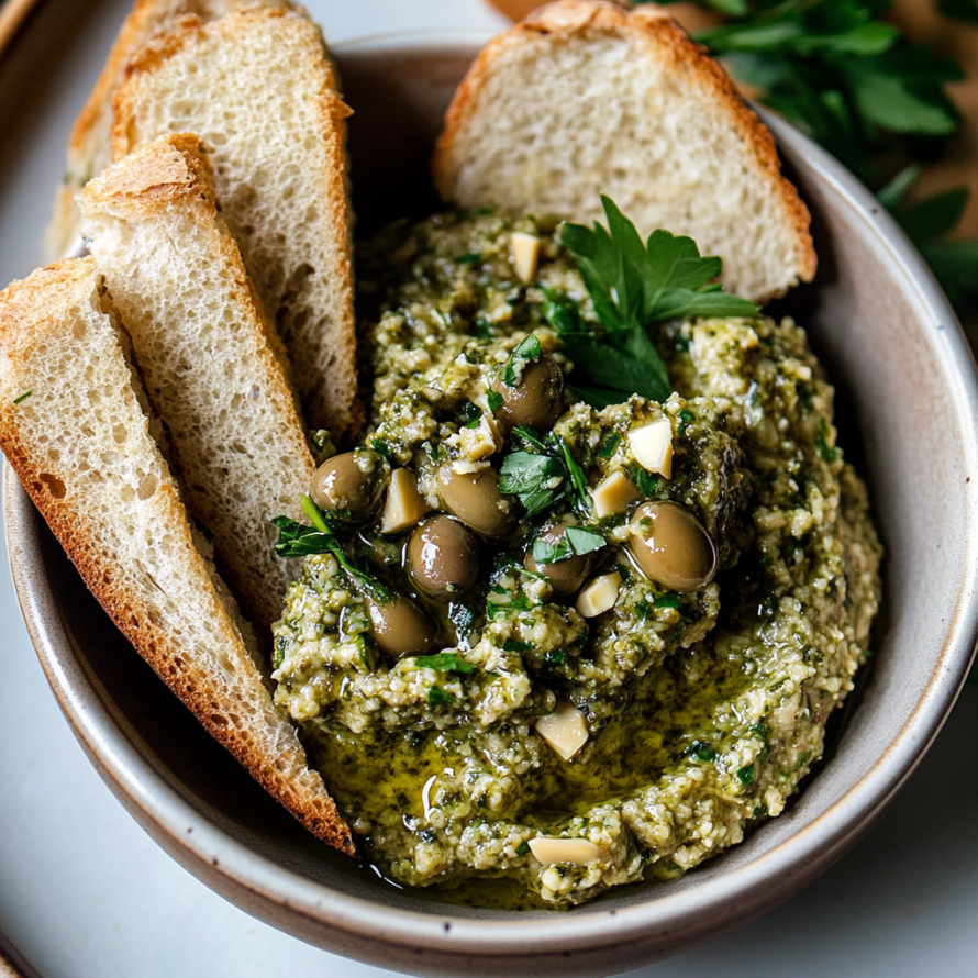 A bowl of green olive tapenade with bread on the side.