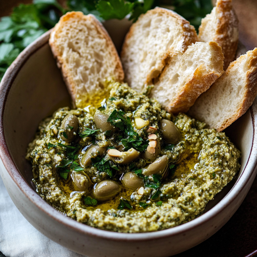 A bowl of green olive tapenade with bread on the side.