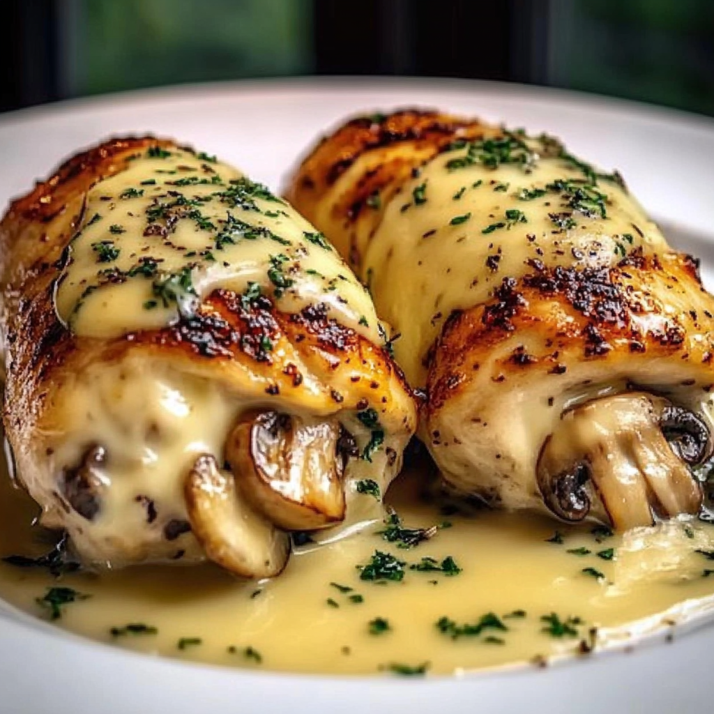 Two pieces of stuffed chicken with garlic butter and mushrooms, served on a white plate.