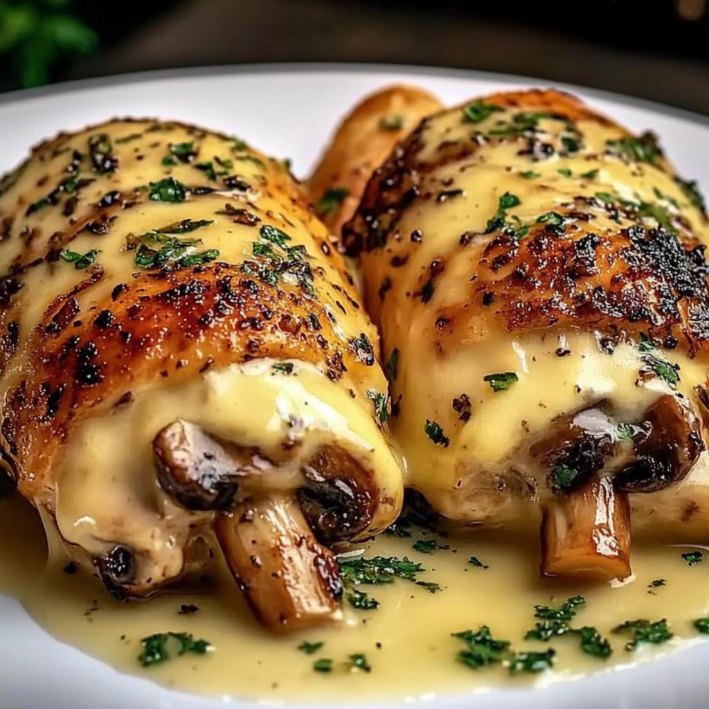 A plate of two stuffed chicken breasts with mushrooms and cheese, served with a side of mushroom sauce.