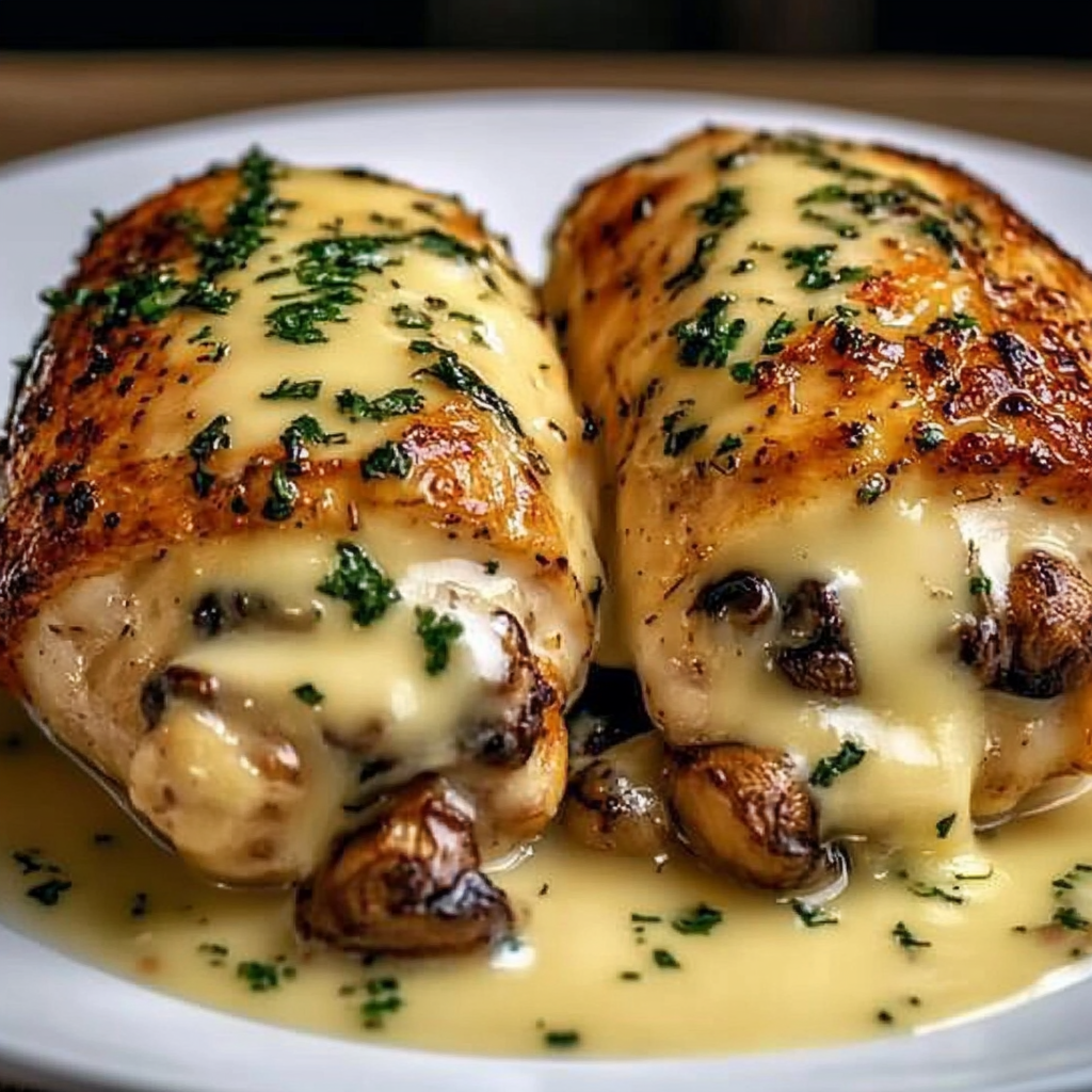 A plate of chicken with mushrooms and cheese, served with a creamy sauce.