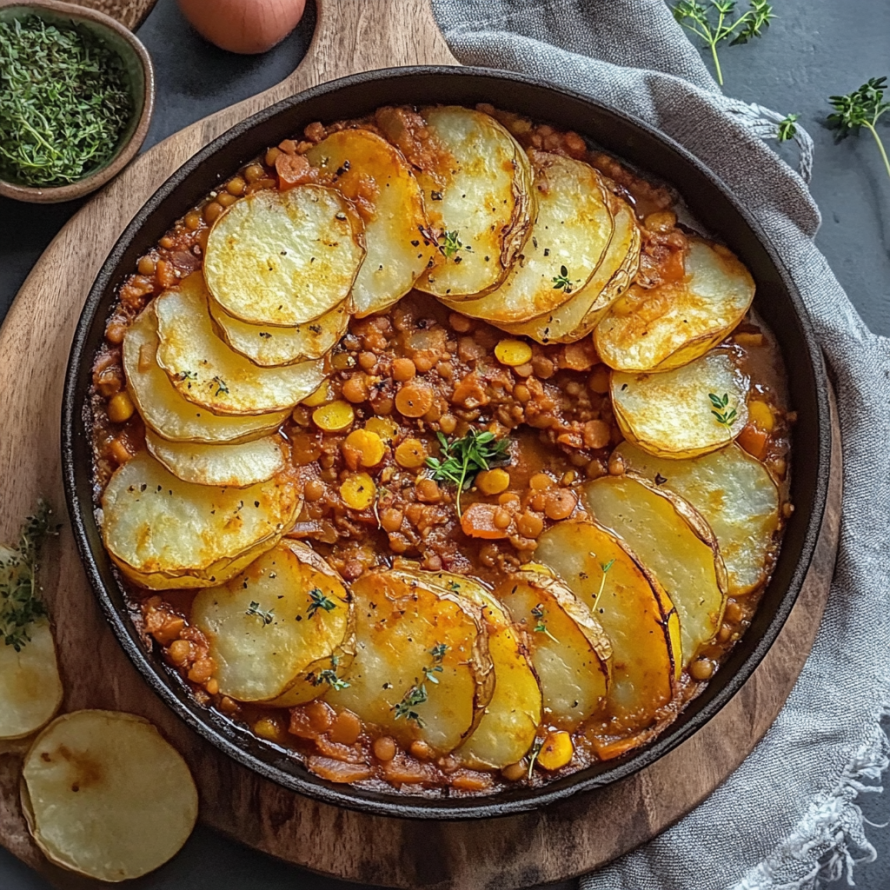 A delicious vegan hotpot with lentils, potatoes, and other vegetables, served in a black bowl.