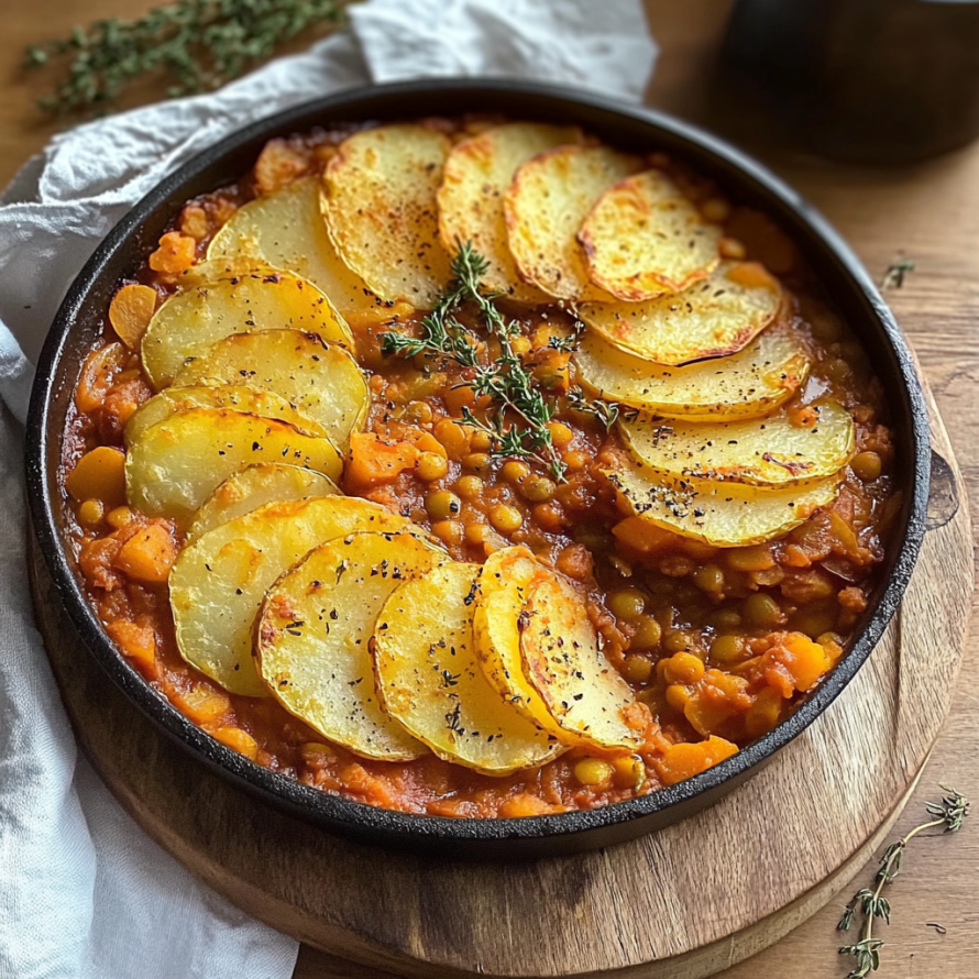A delicious vegan hotpot with lentils, potatoes, and other vegetables.
