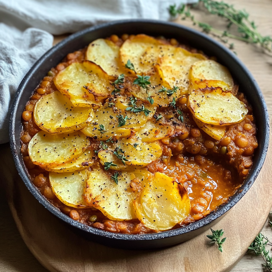 A bowl of Easy Vegan Hotpot with Lentils, topped with potatoes and herbs.