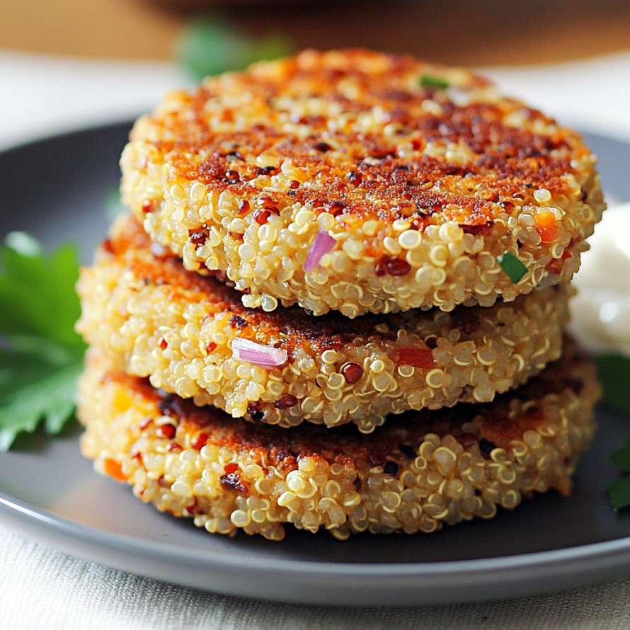A stack of three pancakes made with rice and vegetables, served on a plate.