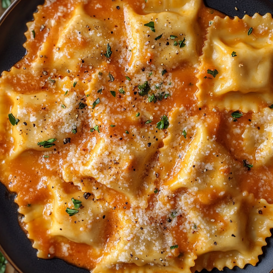 A plate of Ravioli Sauce with a generous amount of cheese and herbs.