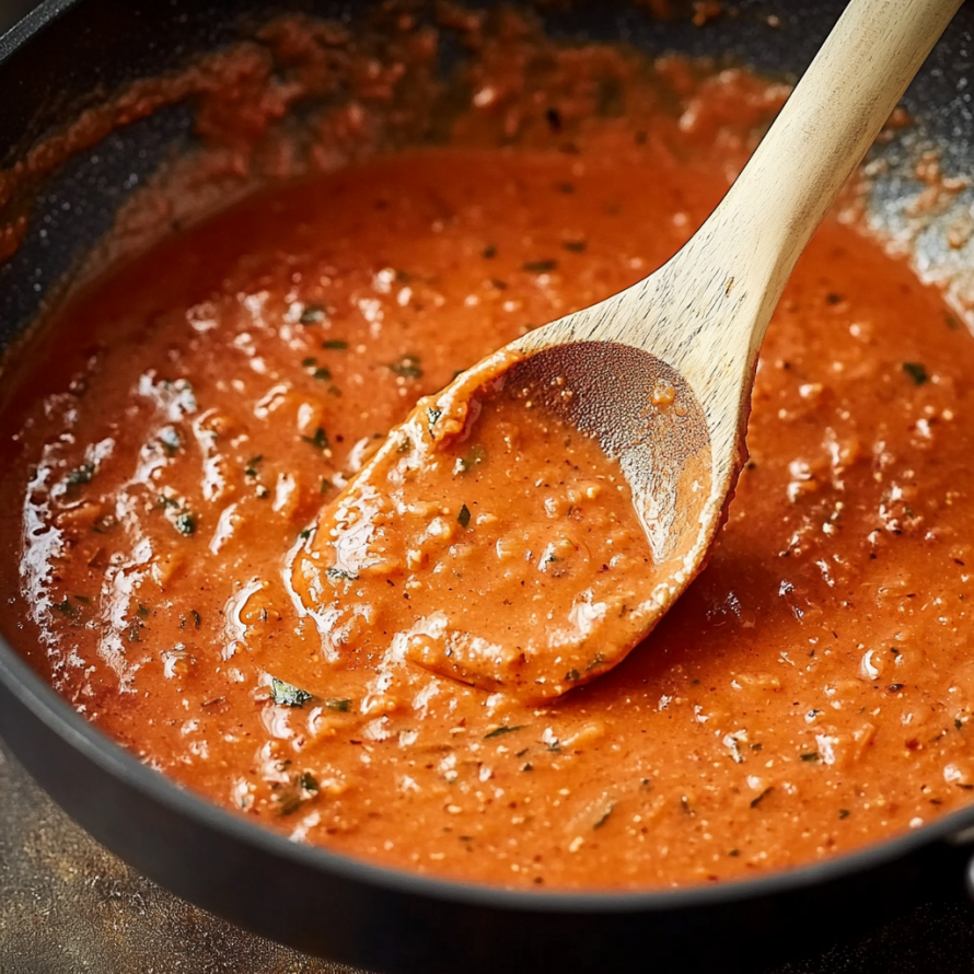 A wooden spoon is dipping into a bowl of red sauce, possibly tomato-based, and is being used to scoop out the sauce.