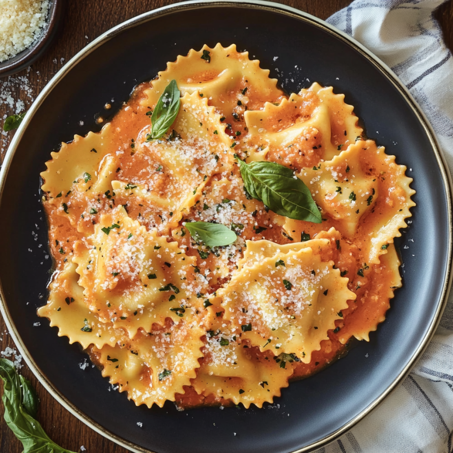 A plate of pasta with sauce and herbs on top.