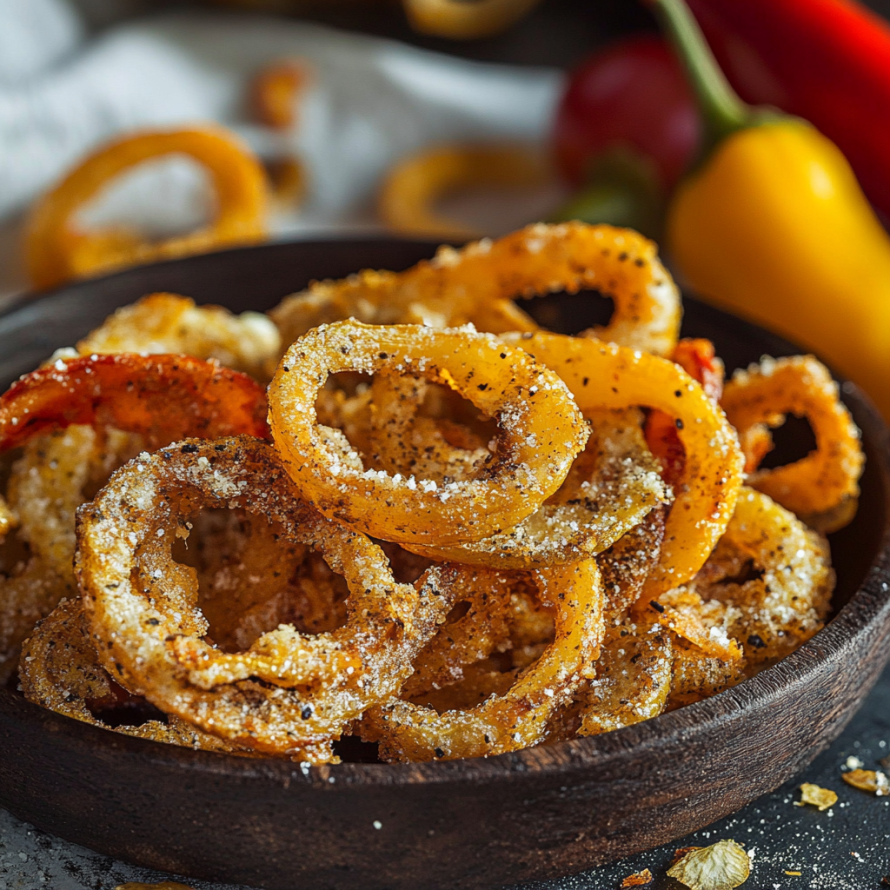 A bowl of air fryer banana peppers with a sprinkle of seasoning on top.