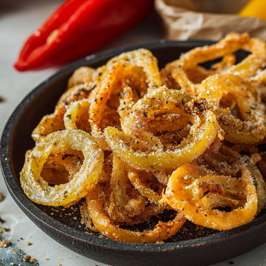 A bowl of onion rings with a sprinkle of seasoning on top.